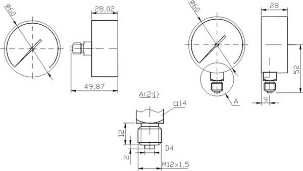 МП2-У манометры технические - Габаритные размеры
